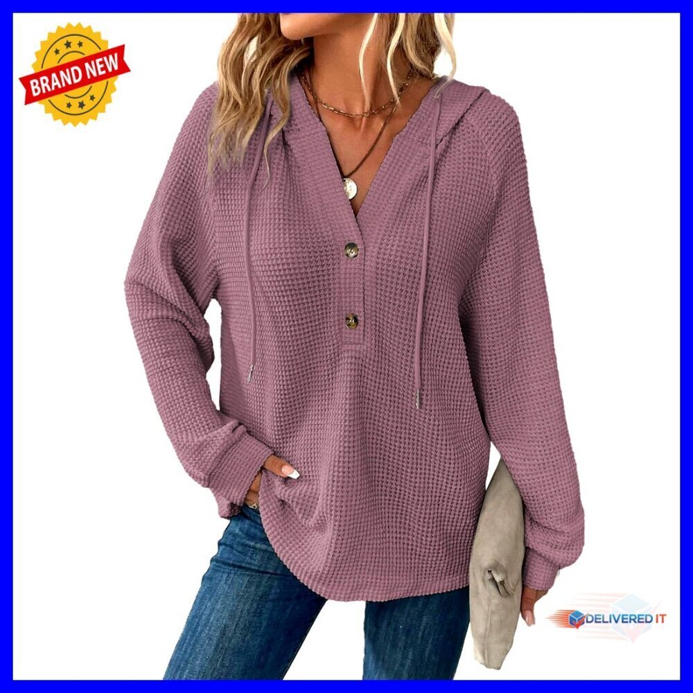 Waffle Knit Hoodie Oversized Pullover V Neck Drawstring Casual Chic Sweatshirt